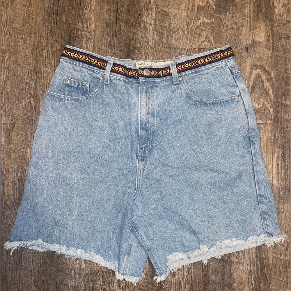 Vintage Faded Glory Mom Jean Shorts 90s Woven Ribbon Patch Waistband Sz 16